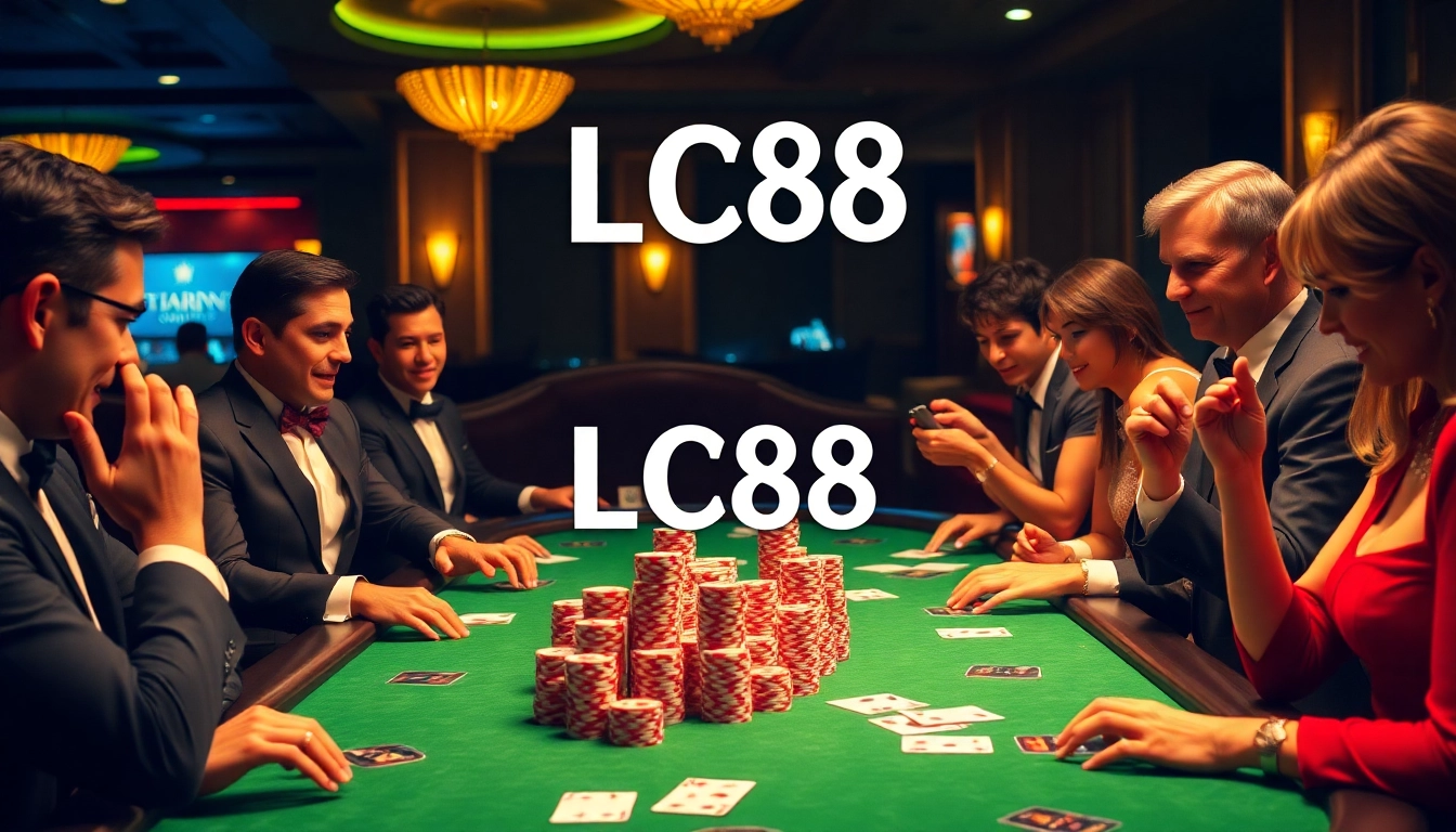 Experience the thrill of the LC88 poker game, showcasing players in action with chips and cards.