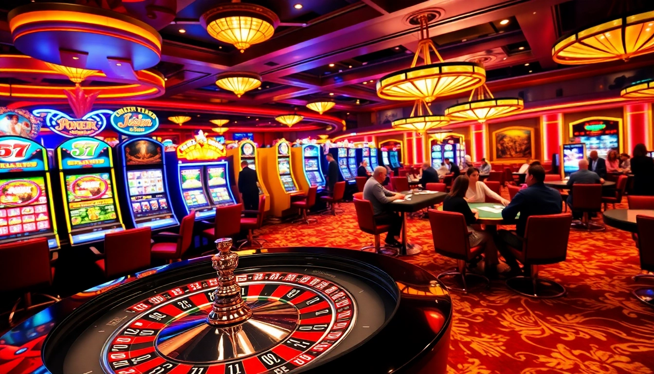 Players immerse in the excitement of OKFun's casino gaming with vibrant roulette and slot machines.